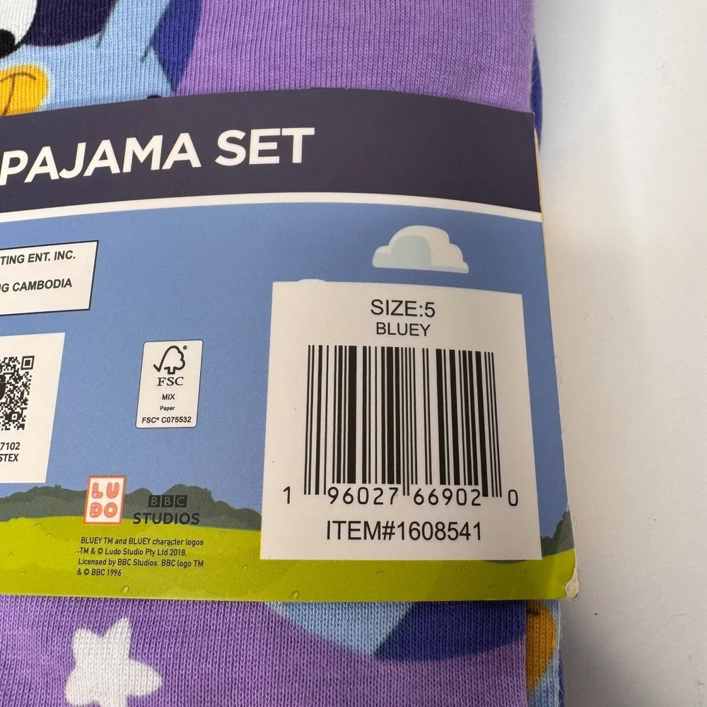 Bluey Bingo Toddler Sz 5, 4Piece Pajama Set 100% Cotton Purple Blue Glitter Gift